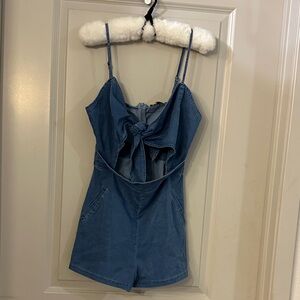 Blue Denim Romper with self tie Bow Detail